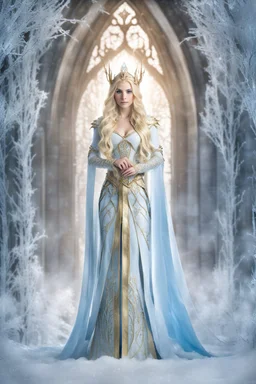 Full body Photography Beautiful Elven princess,blonde gold hair,rapunzel hair,very long hair,elven crown, light blue, white, ice, glitter,sparkle,ice flowers,elven ears,fairy princess, ice fairy,golden armor,ice crystals