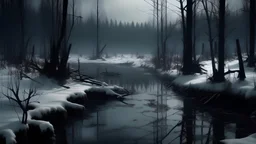 a snowy forest scene, harsh climate, lake, eerie, distant dark soul beings, scary, cold,