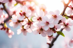 fantastic light pin white background with four bunches of cherry blossoms on blurred background