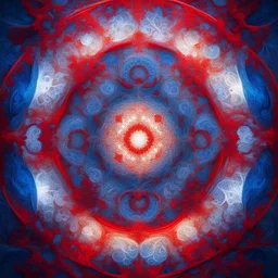 abstract intricate art with (blue on top third of the photo) , (white in the middle third of the photo), and (red in the bottom third of the photo), glow, ornament