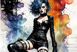 Create and fine print ink wash and watercolor, full body illustration of an epic fantasy Gothpunk Girl , with finely lined and detailed facial features, in a ragged leather dress, fishnet stockings ,battered combat boots, , in the comic book style of Bill Sienkiewicz, Philippe Druillet, and Jean Giraud Moebius, precisely drawn, colored and inked