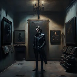 a dark art gallery filled with classical paintings and a man in a leather jacket in the corner
