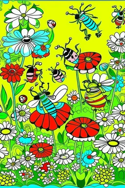 flowers, butterflies, bees, and ladybugs in a garden setting, cartoon style, thick outline, low details, Vivid Color