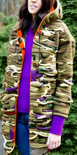 Brunette woman. average body type, think thighs and thick calves. Mantle is sewed of recycled Denim and sewed together of camouflage pieces. Printed camouflage figures are orange,terracotta, cream and purple. It is with big bright purple felt tippet and cream-colored-hood. mantle is merged with satchel. . AKG-style headphones (gold rings!) is merged with small felt cap with small visor. Style: Haute Couture in 1936, Paris fashion in 2023, inspired by street art. Cream latex gaiter.