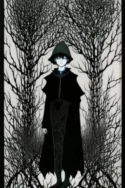 7 year old boy, friendly, looks dead, with weird mushrooms growing out of him, wearing black robes, in the style of Harry Clarke