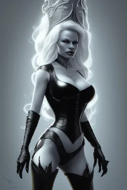 Pamela Anderson as evil queen in black leather, leather, busty, cleavage, angry, stern look. character design by cory loftis, fenghua zhong, ryohei hase, ismail inceoglu and ruan jia. unreal engine 5, artistic lighting, highly detailed, photorealistic, fantasy