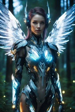 Close up Facing Front night photography Beautiful Angel woman cyborg cybernetic ,futuristic warframe armor, straddle wings in Magical Forest full of lights colors,glowing in the dark,Photography Art Photoshoot Art Cinematic Soft Blur Colors