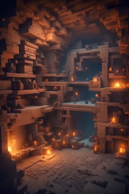 underground steampunk dwarven workshop with square architecture, inside a large oven cave system with multiple layers and exposure to light. Minecraft voxel styling