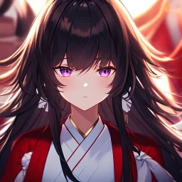 Clear focus,High resolution,8k, Beatiful Lighting, black short fluffy hair, long fluffy bangs, purple eyes, wearing a miko outfit, extreme close up