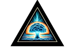 a nuclear explosion cloud, behind an orange glowing omega like shape, all inside an equilateral triangle, radiant lines, oil digital painting