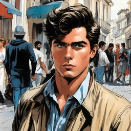 a young man in the streets of Athens, style of Neal Adams, zoomed out