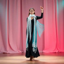 lady in azeri dance custum change clothing color to cyan and black fullbody shot standing in a pretty stage,not decolte,with a long white lace scarf