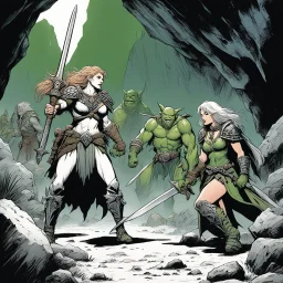 [comic book art by Le Tendre et Loisel (la quete de l oiseau du temps, 1987)] two human woman warrior after a battle in a cave surrounded by dead bodies of green orcs and goblins, one has a sword, the other has a battle axe