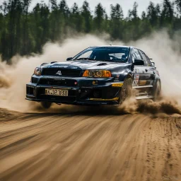 dramatic epic photography ralli art championship race, facing front sportcar the Mitsubishi Lancer Evolution Type 4 R sportcar,full sticker name DV race decorations,on the way high speed drifting and jumping,on dune and watery spray and dirt roads forest