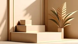 Mockup Step Display For Present Product With Sunshade Plant Shadow On Beige Color Wall Abstract Background 3d Render