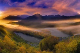 the most beautiful panoramic landscape, oil painting, where the mountains are towering over the valley below their peaks shrouded in mist, the sun is just peeking over the horizon producing an awesome flare and the sky is ablaze with warm colors and stratus clouds. a giant dreamy waterfall creates a river, it is winding its way through the valley and the trees are starting to bloom in a great variety of colors, by greg rutkowski, aerial view