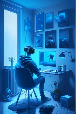 Metaverse artist 3d character seating in front of computer and make something on their screen wear VR Box a blue fog volume light coming from side window realistic interior with lot of technology gadgets some painting and poster on wall.