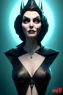 Lene Nystrøm as evil queen in black leather, busty, cleavage, voluptuous, Aqua Lene, angry, stern look. character design by cory loftis, fenghua zhong, ryohei hase, ismail inceoglu and ruan jia. unreal engine 5, artistic lighting, highly detailed, photorealistic, fantasy