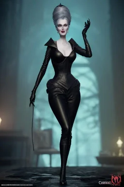 Carmen Dell`orifice as evil queen in black leather, leather, busty, cleavage, angry, stern look. character design by cory loftis, fenghua zhong, ryohei hase, ismail inceoglu and ruan jia. unreal engine 5, artistic lighting, highly detailed, photorealistic, fantasy