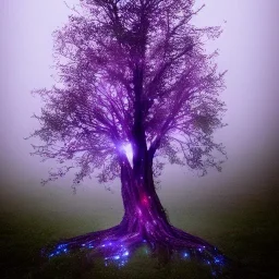 mystic tree full of sprites and surrounded by a magic aura and fog