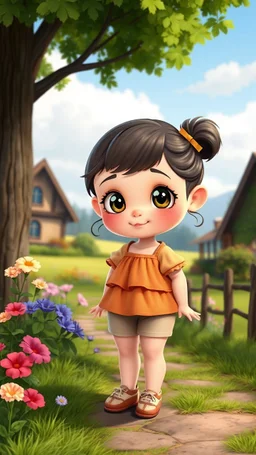 cartonic Chubby child girl with bold eyes with realistic face and hair and in pretty top and short tight and nice shoes,standing in country side next to country house with flowers,trees.