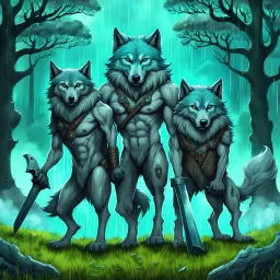 digital art two gray body hair anthropomorphic wolves together they carry a heavy blacksmith anvil in their paws in a blue-green meadow, in the background trees with huge trunks rainy day, high contrast, high detail, atmospheric, dark fantasy, sci-fi atmosphere, cinematic