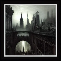 Skyline Gothic bridges between building,Bridges on rooftops, Gotham city,Neogothic architecture, by Jeremy mann, point perspective,intricate detailed, strong lines, John atkinson Grimshaw