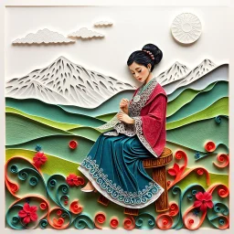 A whimsical, paper quilling-style artwork depicting a Tibetan woman in traditional dress sitting gracefully on a wooden stool. She is embroidering delicate lace, her hands gently working with thread. The backdrop features sweeping Himalayan landscapes with snow-capped peaks, rolling green hills, and a soft, dreamy sky. The entire composition is rendered in vibrant colors and intricate paper quilling effects, with swirling patterns and layered paper textures that create a sense of depth and playf