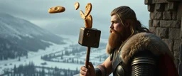 Movie poster portrait. The mighty God Thor sees the toaster on a pole, spit out the warm bread. The bread is jumping over his head. In the style of Rembrandt and "Gods of Fallout 4". He is sitting on the balcony of his castle, with a great view over the frozen valley. He is trying to grab the bread quickly. "Fali' ja."
