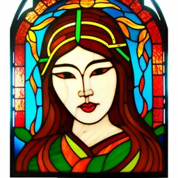 Art Noveau style, stained glass frame, my beautiful asian princess naturist model wife