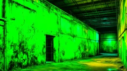 A neon green warehouse covered in mold painted by Vincent van Gogh