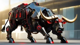 an advanced robot bull, with weapons, red led eyes, black color, golden horns, angry, in a bullring