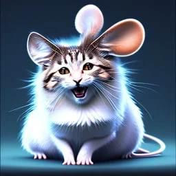 A small flurry mouse is sitting on the head of a cat and laughing