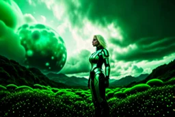 Wide angle photo of a sci-fi woman with blond hair, silver and black futuristic spacesuit looking android-like, standing on a derelict alien jungle planet with cloud trees in multiple green hues