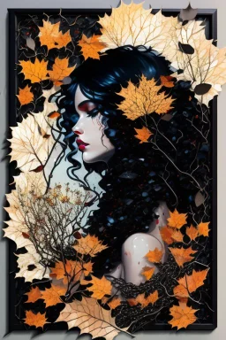 abstract creation of a beautiful girl with black curly hair, surrounded by black roses, thick metal chain broken, glass petals on the ground, autumn colours,dried out thorn bush, chaos,