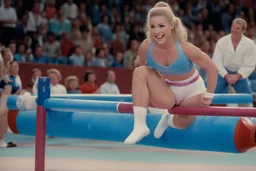 (photo from the movie "diaper's temptation" in the 90ties) the blonde gymnast in sport bra is happy in diapers she is on a pommel horse for the competition