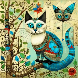 Siamese cat with blue eyes, adorned with intricate patterns and stylized buildings paints, hangs precariously from a floral-patterned board, against a mottled gray-green background. It looks directly at the viewer while a speech bubble above its head states "Good Morning". Three stylized birds in various colors and patterns stand on the branch and board above and below the cat, whimsical, expressionist painting, diswashed, Aging effects, Ogata Kōrin style.