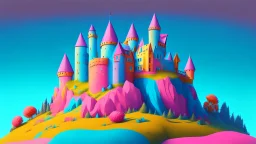 Pink, orange, yellow, dark blue and aqua blue castle on a hill, detailed