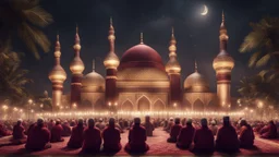 Hyper Realistic Photographic-View of lots of Muslim-Men praying outside a Massively-Huge-Beautifully-Crafted-Maroon-&-Golden Mosque with detailed-minarets & Ramadan-Light-Decorations-&-Lamps-&-a-fountain at beautiful-dark-night with dramatic-&-Cinematic-Ambiance