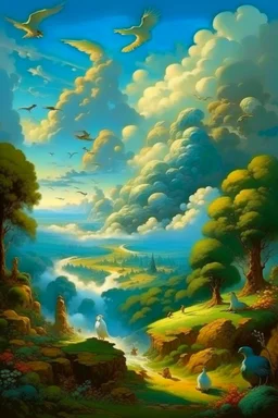 The creation of the world by God. In front of us is a valley with a beautiful landscape, where beautiful animals roam, beautiful birds fly in the sky, beautiful clouds and God in the clouds