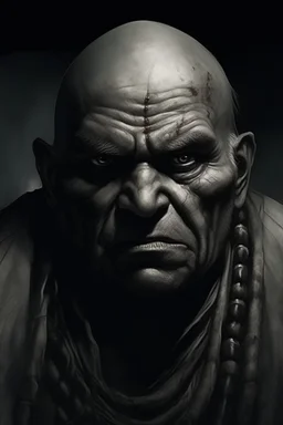 A native Indian , they but a fabric on his eye so he can not see and his arms are Handcuffed. looks miserable with bruises on his face like he has been beating sitting on a broken chair in a prison with dem light and dark prison environments , Busch painting style , sureal