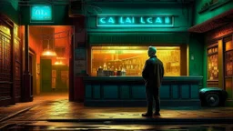 In the heart of an empty, dreamlike cityscape, a lone man stands before a shuttered bar with a flickering neon sign that reads “Last Call”—though the letters melt like candle wax into the pavement. His mouth is open in a silent scream, stretched impossibly wide, as if trying to release something too large for sound. The streetlights bend unnaturally toward him, casting elongated, unnatural shadows