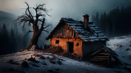 a lonely old adobe hut with worn adobe brown-gray wall and a small window, a crumbling roof, an old chimney stands on a hill, next to it is a small woodshed by the wall, and an old withered tree leans over the hut on thr old tree sitting a black crow, the hut stands on the edge of a European forest, winter, snowy landscape, low light, dawn, high detailed, sharp focus, high realistic, perfect photo