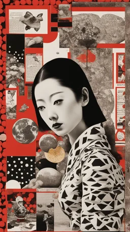 surreal collage art crafted from vintage Japanese magazines poster Novell , art composition by kusama, sci-fi elements , Alice's Wonderland, black and white and deep red