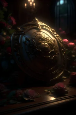 Shield of Honor, High Angle Shot, Ethereal Glow, Bouquet of Roses, by Skyrn99, Highly Detailed, Ultra Realistic, High Resolution, Daylight, Cinematography