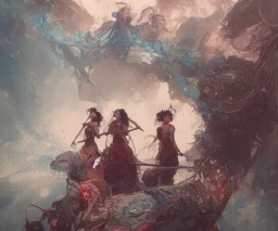 Insanely detailed photography of a FOUR beautiful girls representing "water, earth, fire and air" intricate and hyperdetailed painting by Ismail Inceoglu Huang Guangjian and Dan Witz CGSociety ZBrush Central fantasy art album cover art 4K 64 megapixels 8K resolution HDR