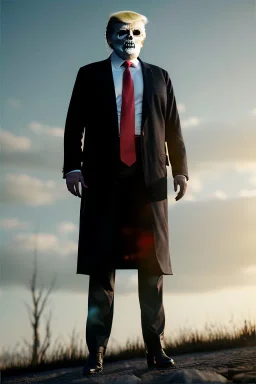 Ultra realistic image, Donald trump zombie, zombie performance, suit, skull, blood, torn arm, night, walking twisted, waist up view, thriller style, dark ambient, highly detailed, White House background, concept art, unreal engine 5, ray tracing, RTX, ultra detail, volumetric lighting, high definition, high resolution.