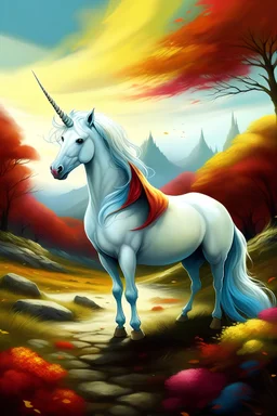 unicornio blanco con capa en un paisaje colorido