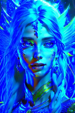 Bioluminescent blue avatars identify dots and patterns on their skin. Pointed elf ears, white hair, glowing blue eyes, slightly shiny blue skin.A beautiful girl with glowing golden eyes. With white decorated hair. And the whole body. And decorated dragon stones. And decorative glass trees realistic