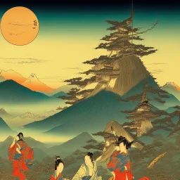 Ukiyo-e, mountains, sun